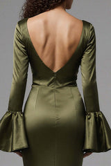 Dressystars Olive Satin Square Neck Mermaid Flare Sleeves Long Evening Dress With Slit