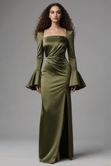 Dressystars Olive Satin Square Neck Mermaid Flare Sleeves Long Evening Dress With Slit