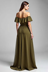 Olive Wedding Guest Dress Chiffon A Line Long Formal Dress With Ruffles