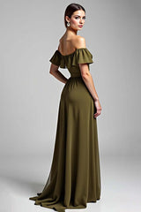Olive Wedding Guest Dress Chiffon A Line Long Formal Dress With Ruffles