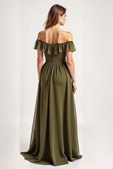 Olive Wedding Guest Dress Chiffon Long Off The Shoulder Formal Dress