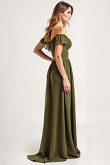 Olive Wedding Guest Dress Chiffon Long Off The Shoulder Formal Dress