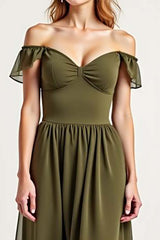 Olive Wedding Guest Dress Chiffon Long Off The Shoulder Formal Dress