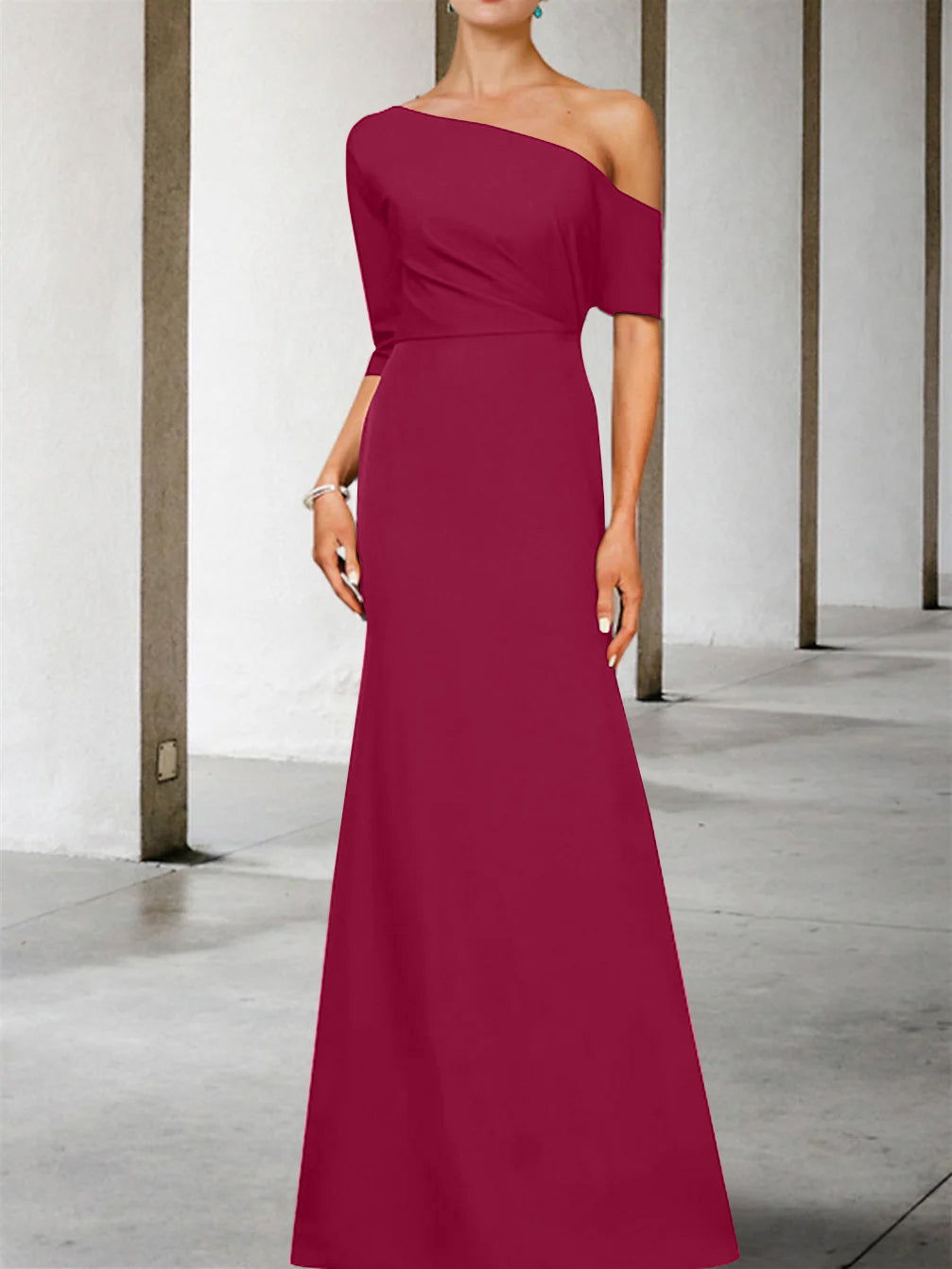 One-Shoulder A-Line Princess Gown with 3/4 Sleeves for the Mother of the Bride