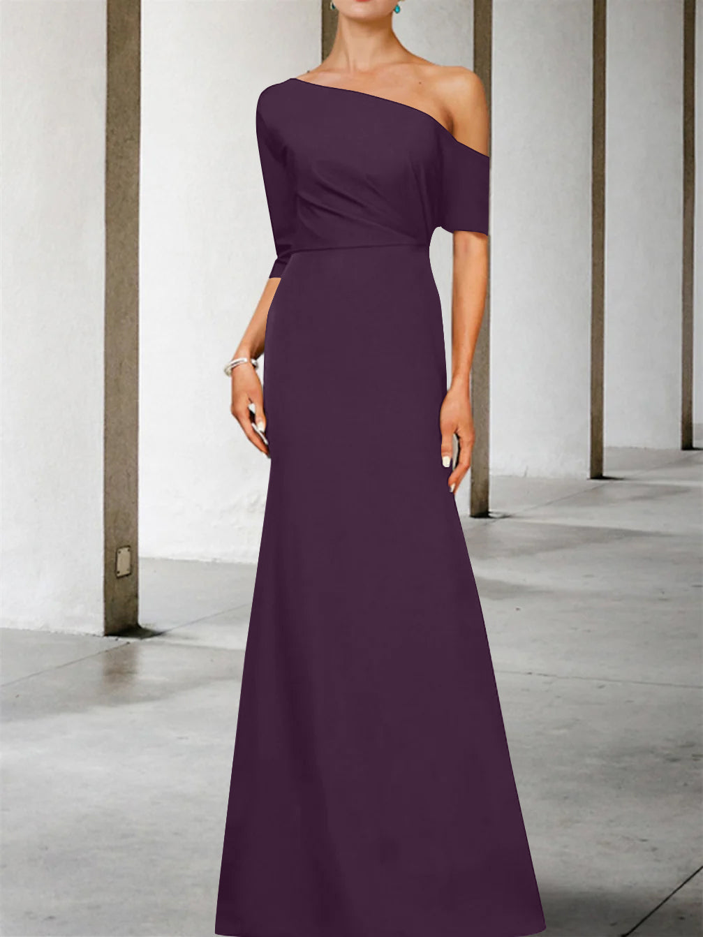 One-Shoulder A-Line Princess Gown with 3/4 Sleeves for the Mother of the Bride