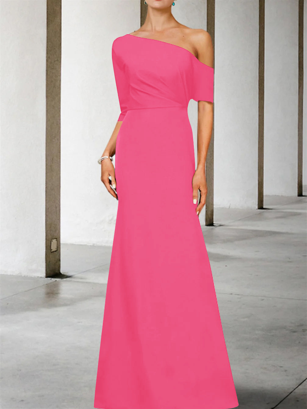 One-Shoulder A-Line Princess Gown with 3/4 Sleeves for the Mother of the Bride
