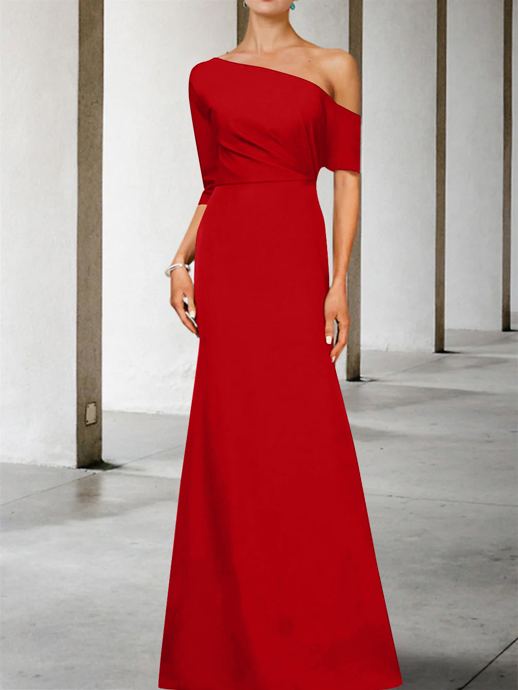 One-Shoulder A-Line Princess Gown with 3/4 Sleeves for the Mother of the Bride