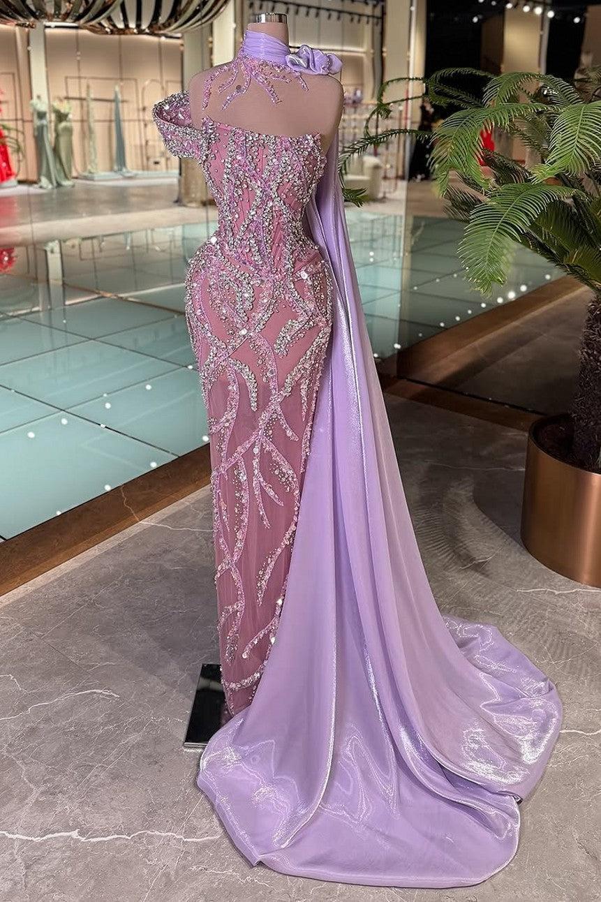 One Shoulder Beaded Prom Dress Purple Column Formal Dress with Train