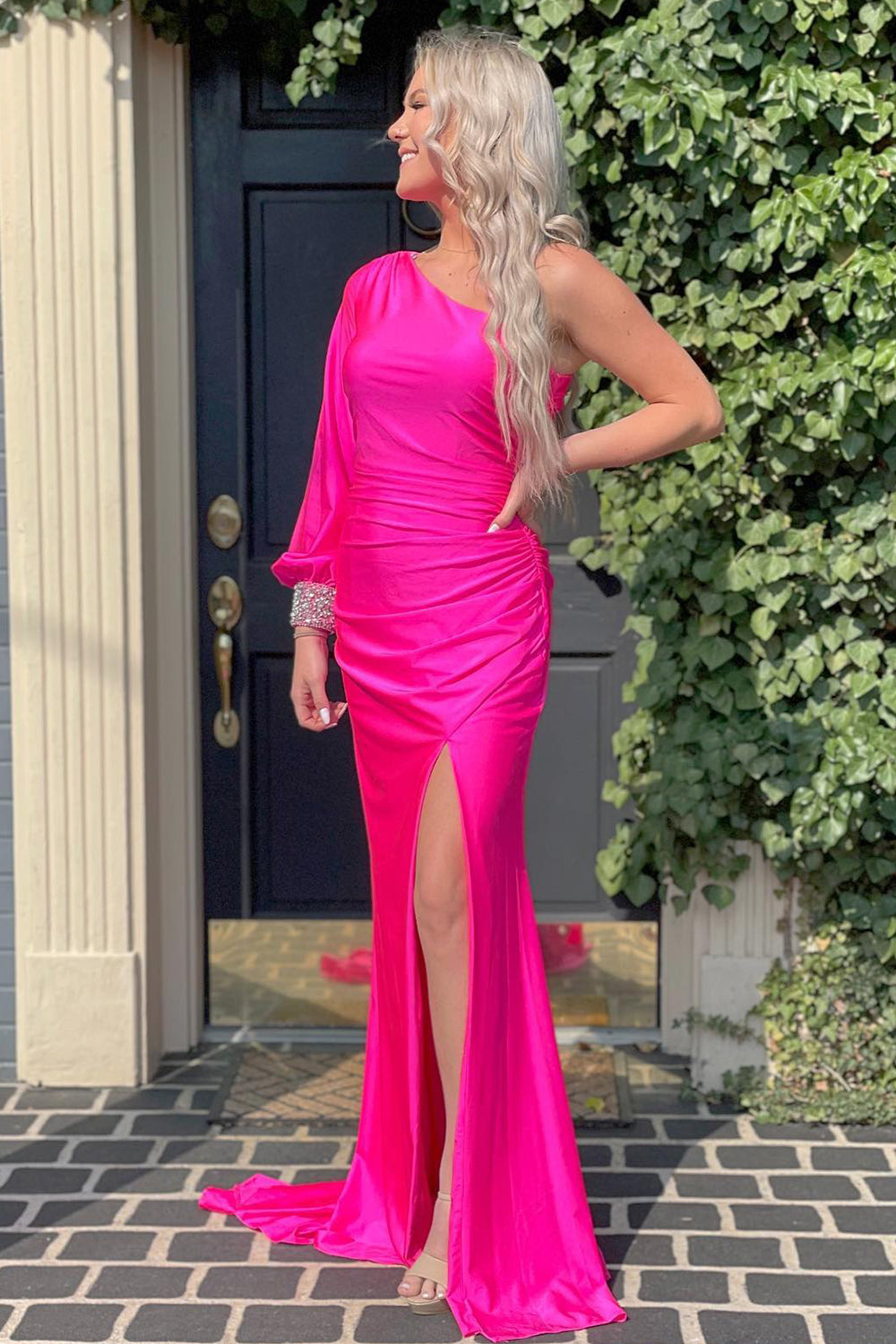 One Shoulder Black Prom Dress Mermaid Evening Dress with Slit