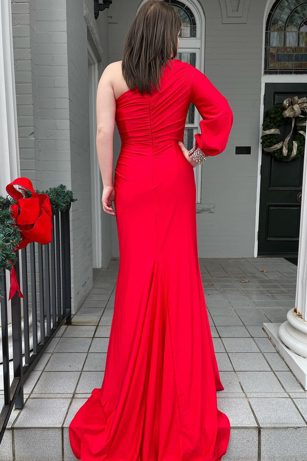 One Shoulder Black Prom Dress Mermaid Evening Dress with Slit