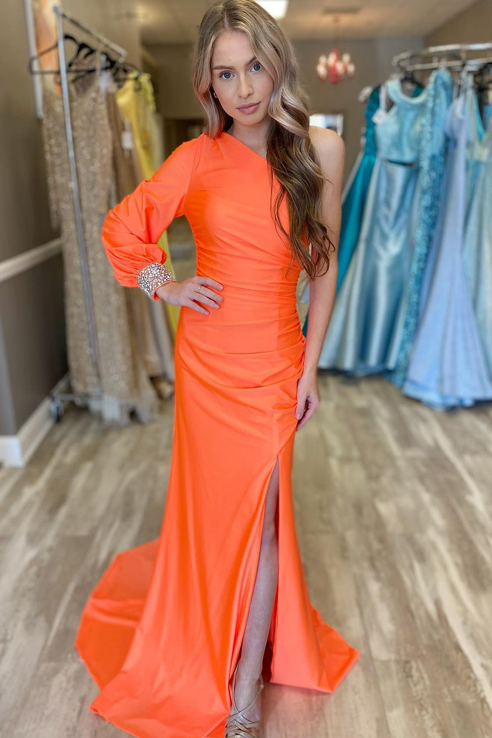 One Shoulder Black Prom Dress Mermaid Evening Dress with Slit