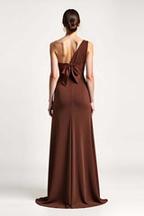 One Shoulder Brown Sheath Long Formal Dress With Bow