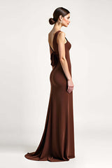 One Shoulder Brown Sheath Long Formal Dress With Bow