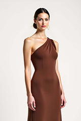 One Shoulder Brown Sheath Long Formal Dress With Bow