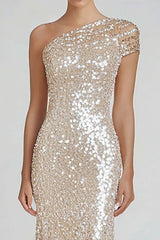 One Shoulder Champagne Wedding Guest Dress Sheath Long Formal Dress