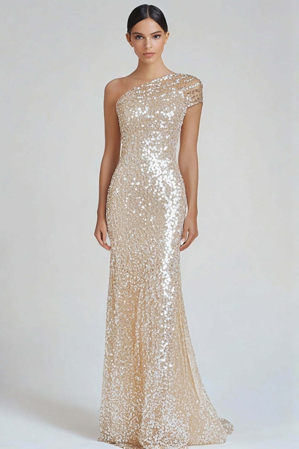 One Shoulder Champagne Wedding Guest Dress Sheath Long Formal Dress