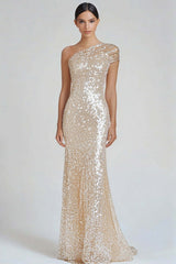 One Shoulder Champagne Wedding Guest Dress Sheath Long Formal Dress