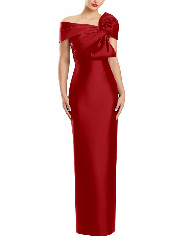 One-Shoulder Floor-Length Mother of the Bride Gown with Bow in Sheath/Column Style