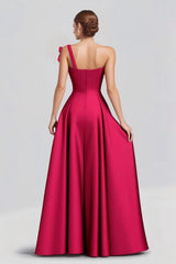 One Shoulder Fuchsia Wedding Guest Dress A Line Satin Long Formal Dress Bow