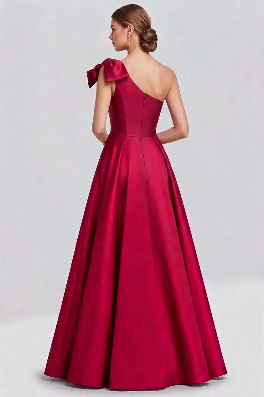 Dressystars One Shoulder Fuchsia Wedding Guest Dress A Line Satin Long Formal Dress Bow