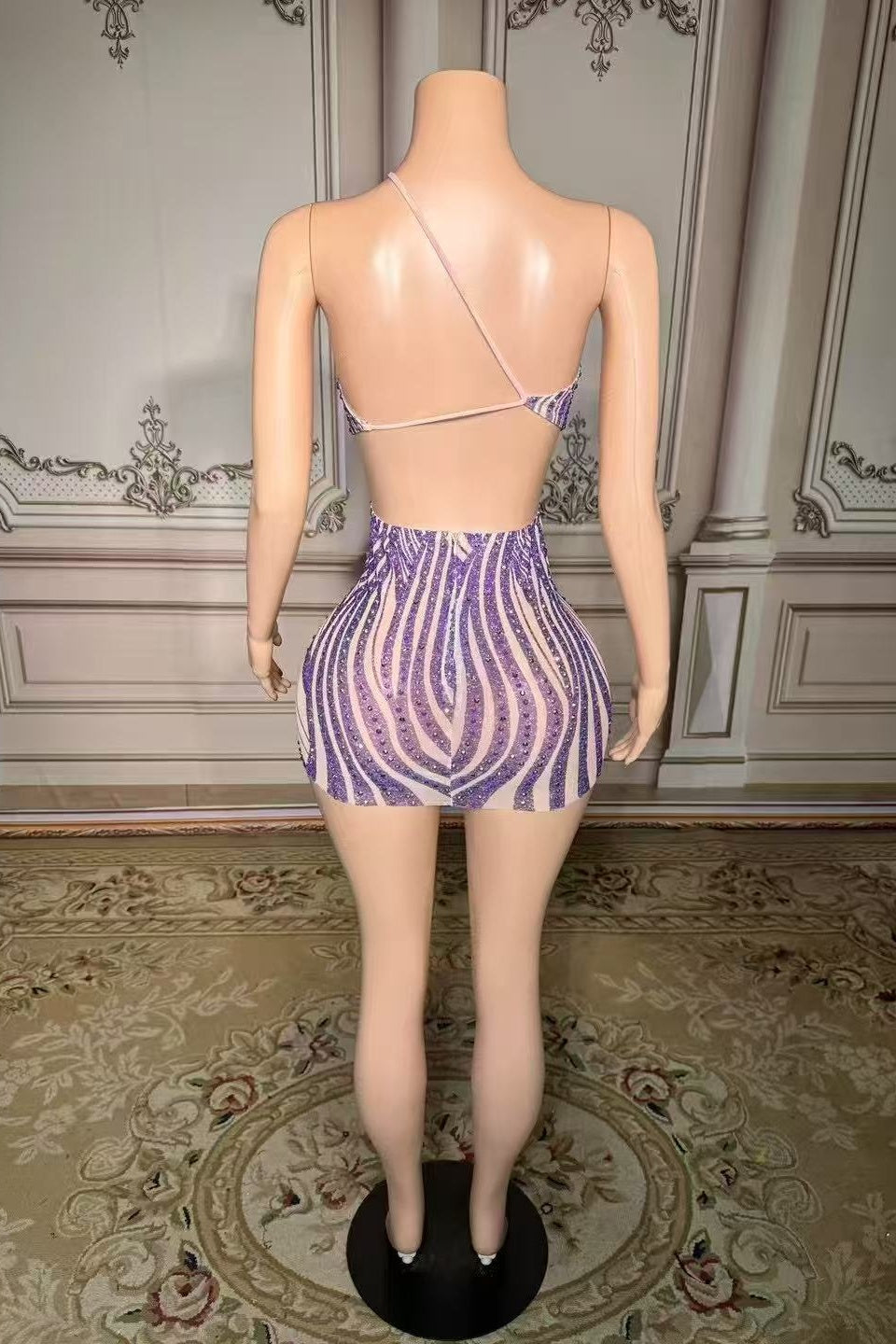 One Shoulder Homecoming Dress Purple Beaded Bodycon Cocktail Party Dress