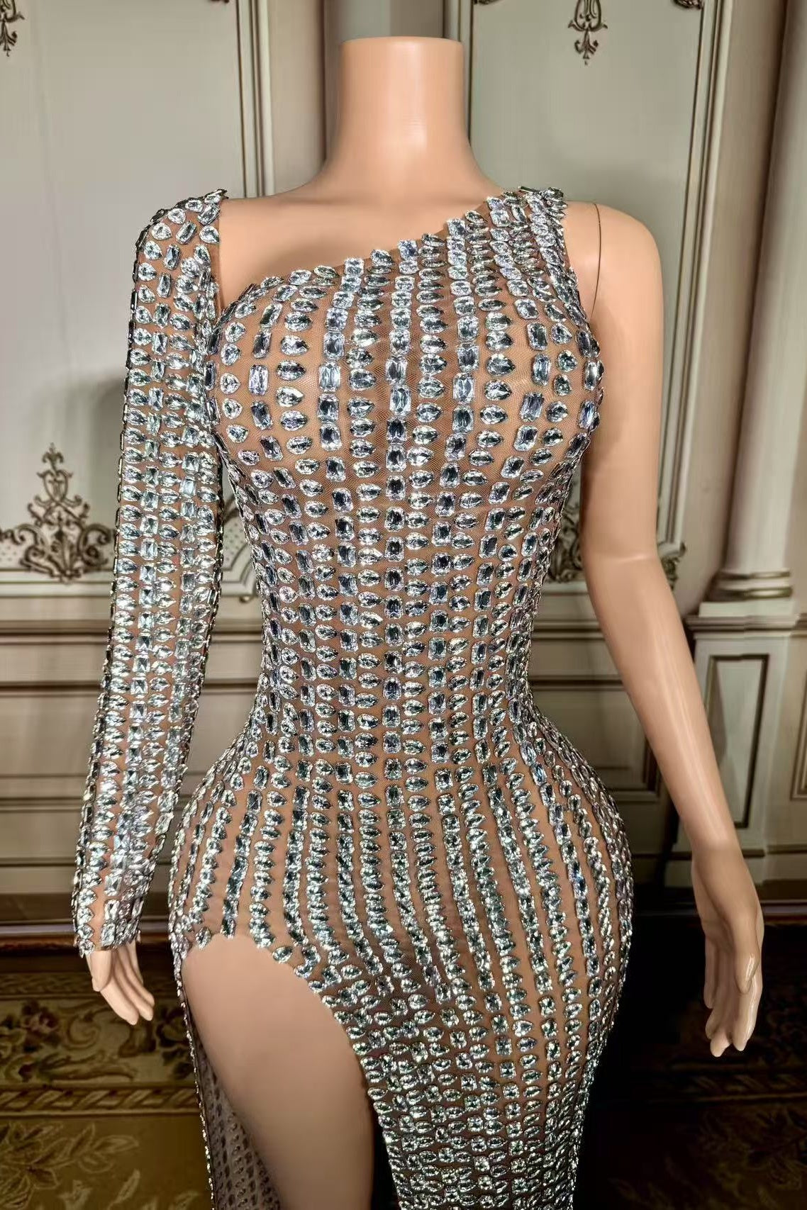 One Shoulder Long Sleeve Formal Dress Silver Mermaid Beaded Evening Dress with Slit