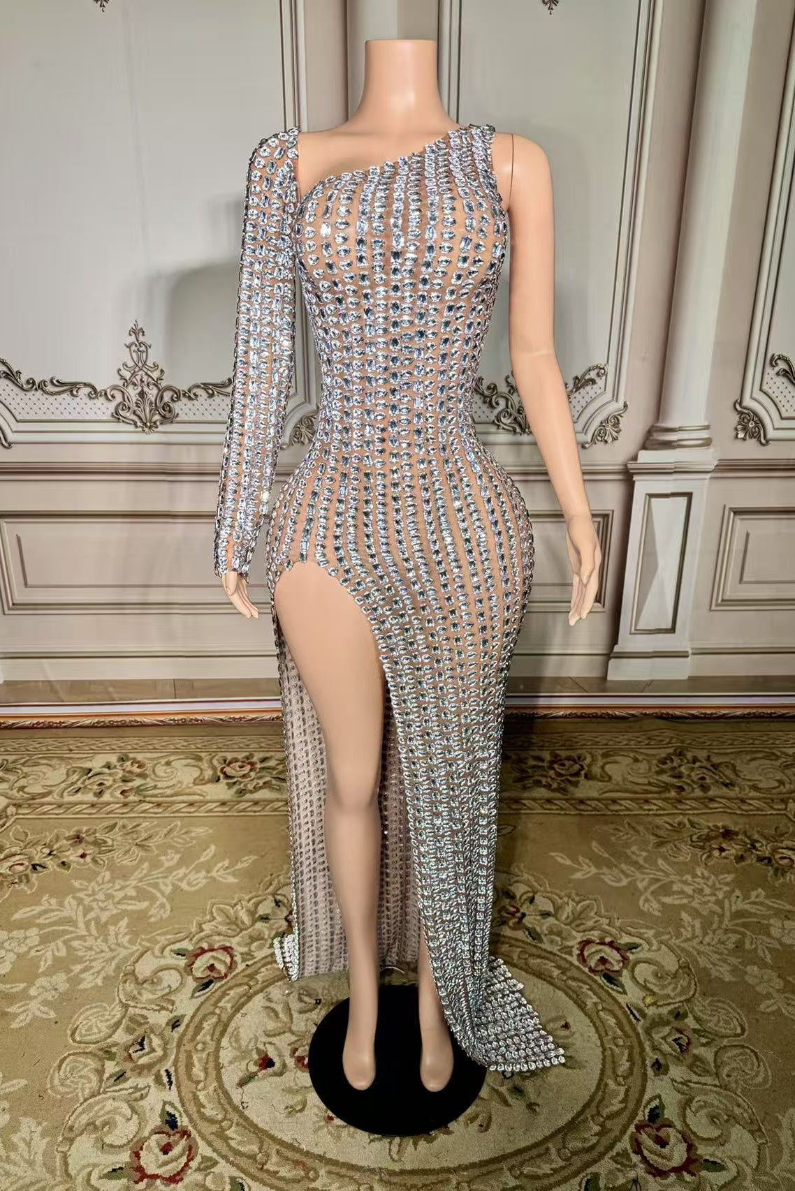 One Shoulder Long Sleeve Formal Dress Silver Mermaid Beaded Evening Dress with Slit