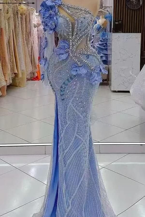 One Shoulder Mermaid Prom Dress Blue Beaded Formal Dress with 3D Flowers