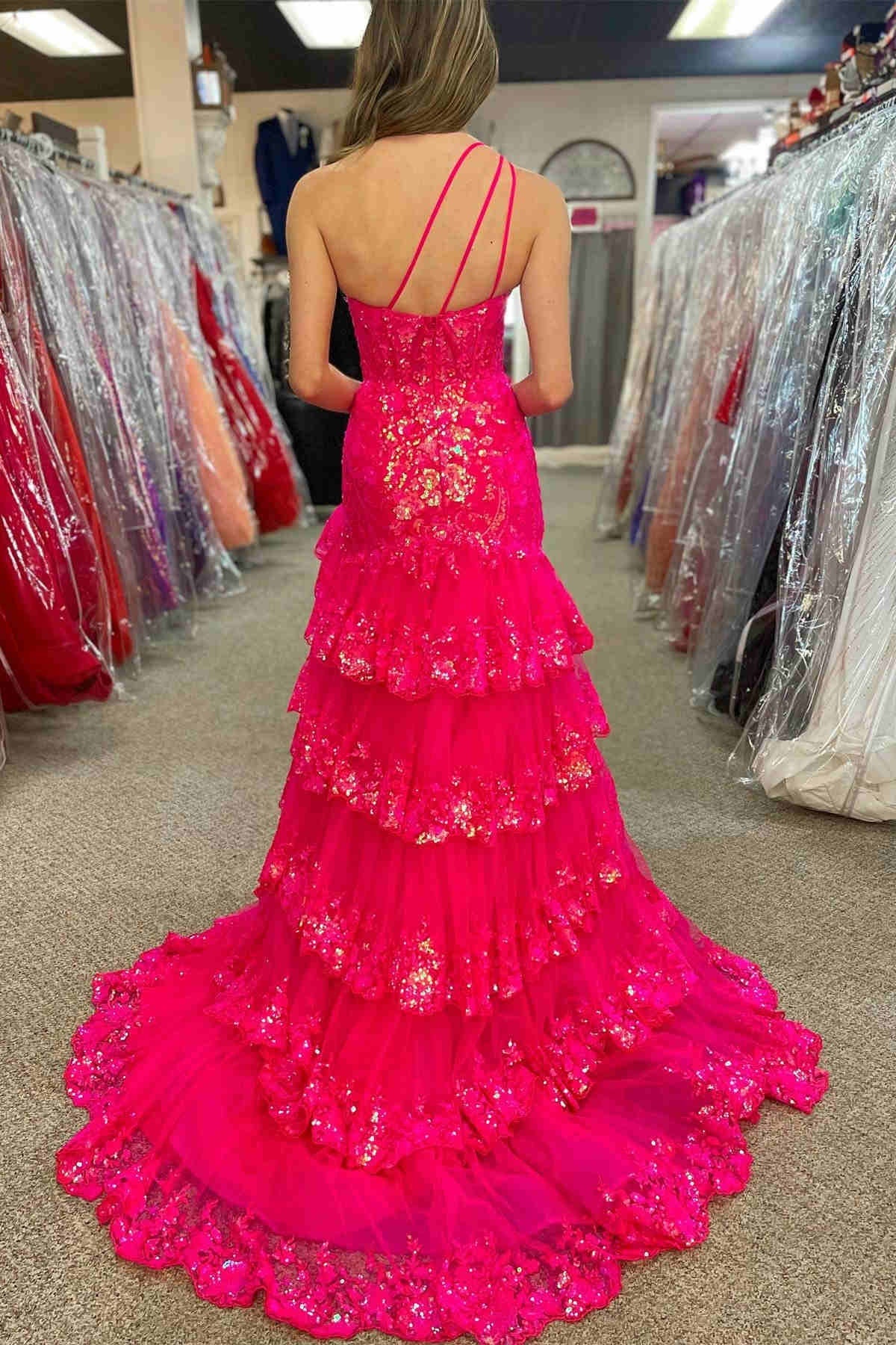 One Shoulder Mermaid Prom Dress Sequined Formal Dress Tiered Tulle Evening Dress
