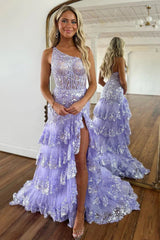 One Shoulder Mermaid Prom Dress Sequined Formal Dress Tiered Tulle Evening Dress