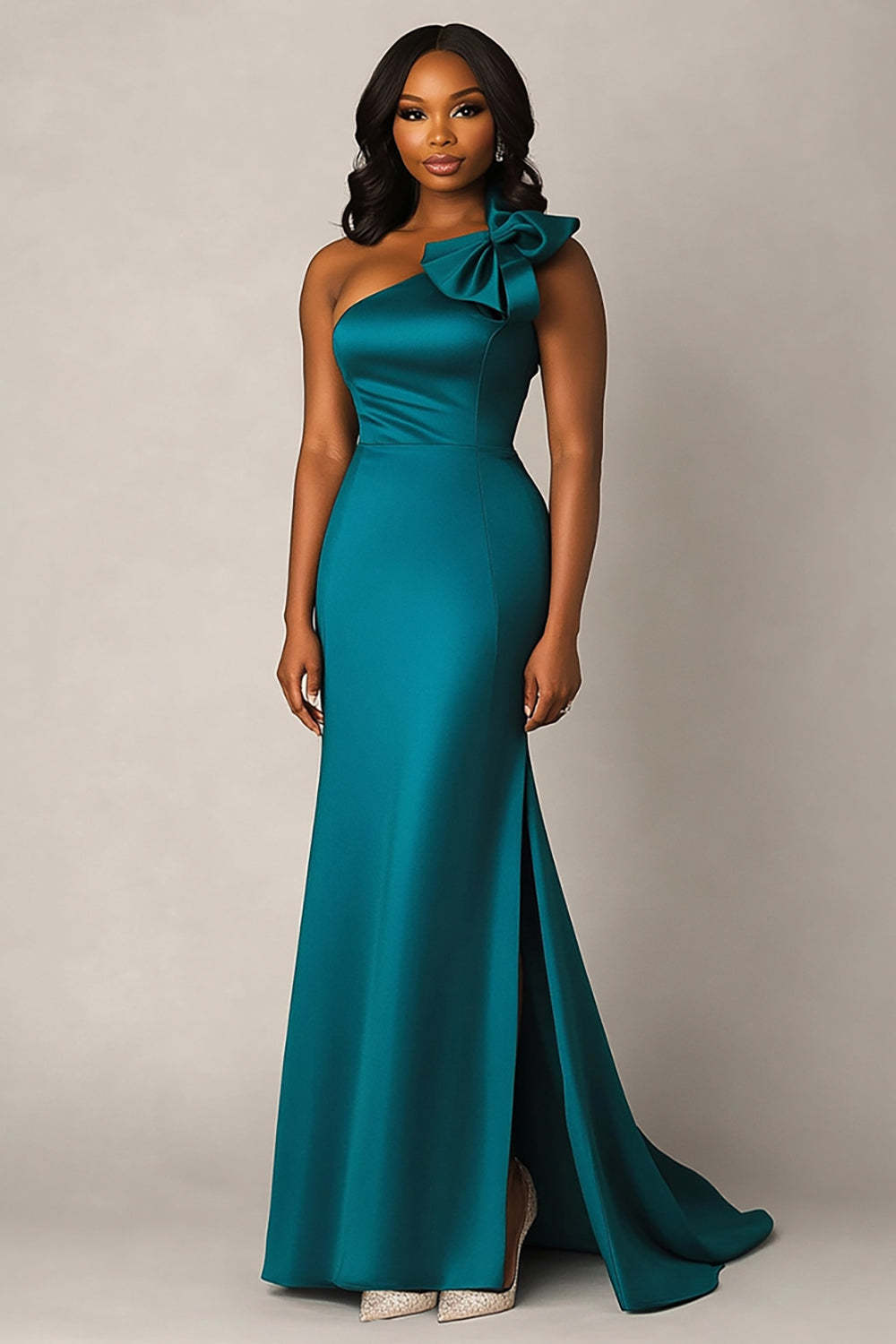One Shoulder Peacock Satin Long Formal Dress With Bowknot
