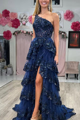 One Shoulder Prom Dress A Line Tiered Formal Dress Sequined Tulle Lace Evening Dress