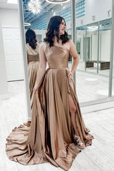 One Shoulder Prom Dress Satin Long Champagne Evening Dress