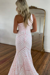 One Shoulder Prom Dress Sequined Mermaid Evening Dress Ivory and Pink