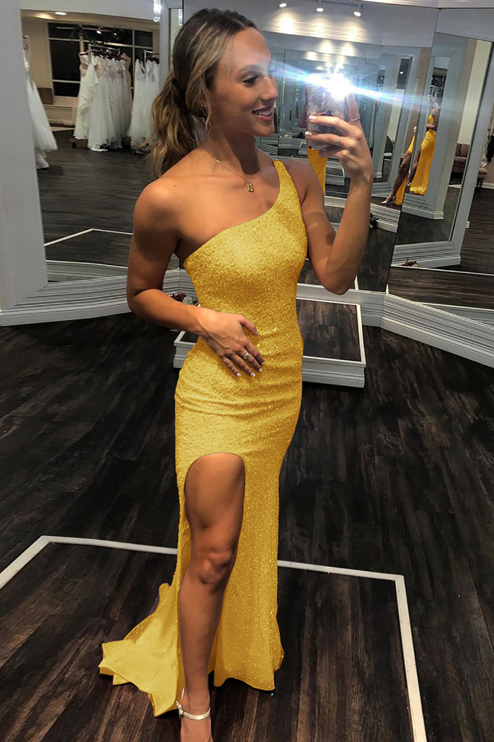 One Shoulder Prom Dress Sequined Mermaid Evening Dress with Slit