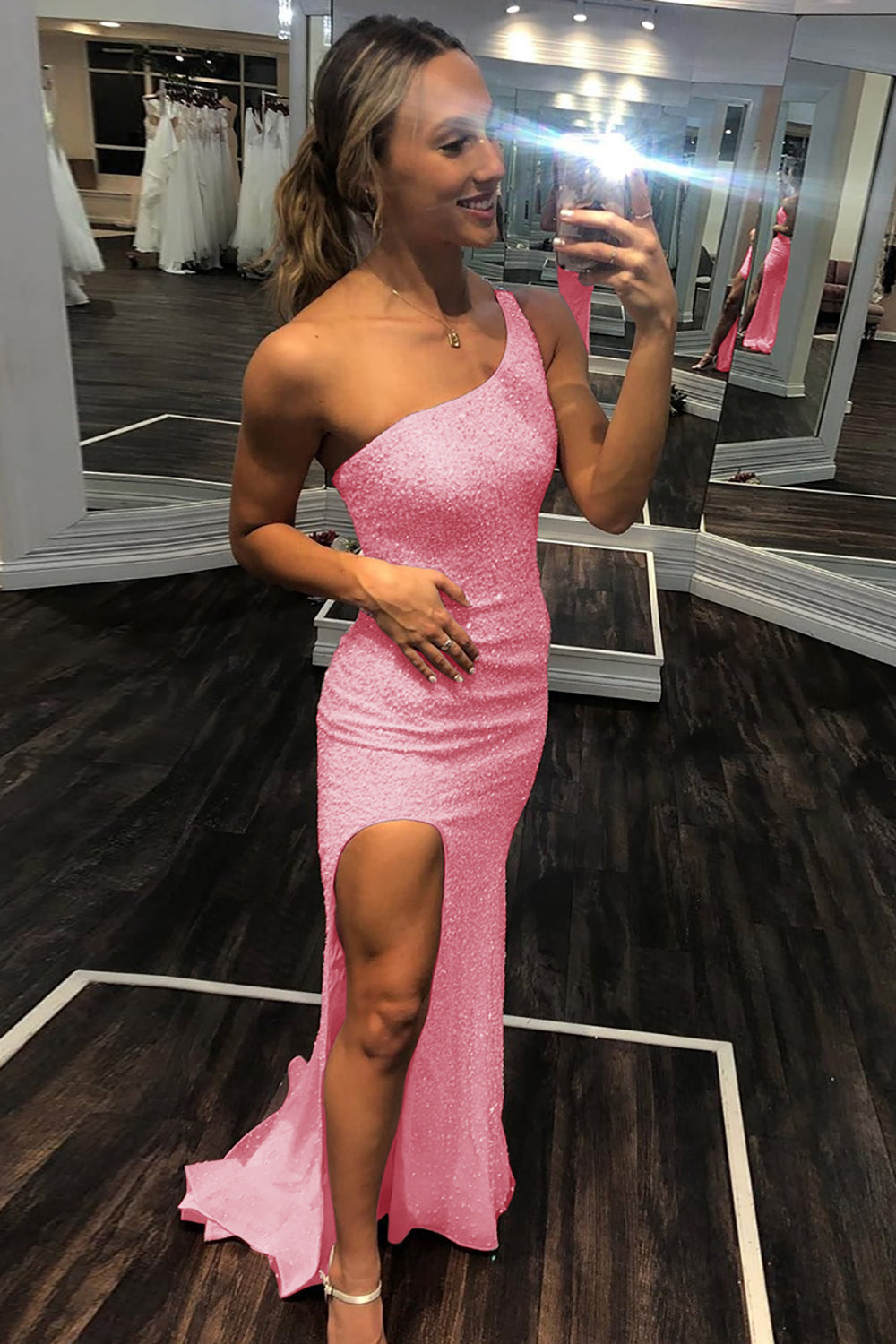 One Shoulder Prom Dress Sequined Mermaid Evening Dress with Slit