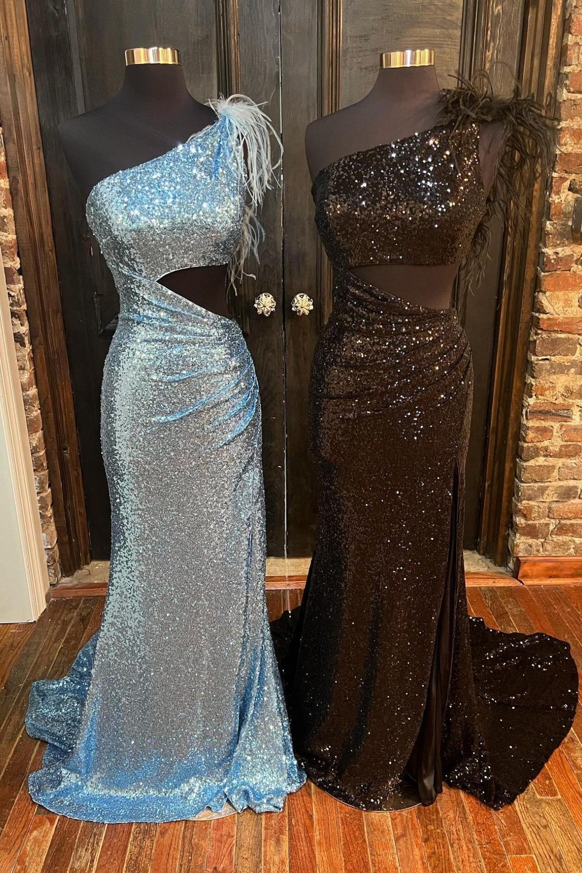 One Shoulder Prom Dress Shiny Black Mermaid Evening Dress