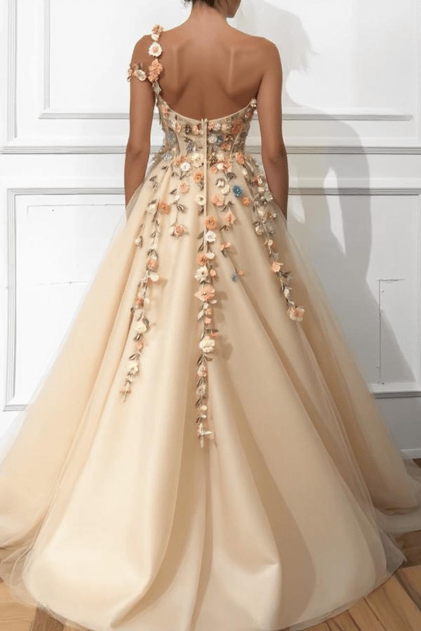 One Shoulder Prom Dress Tulle A Line Slit Evening Dress With Flowers