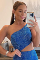 Royal Blue Prom Dress One Shoulder Sheath Long Evening Dress with Slit