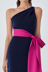 One Shoulder Satin Navy Fuchsia Wedding Guest Dress Long Formal Dress