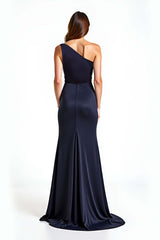 One Shoulder Sheath Navy Wedding Guest Dress Long Formal Dress