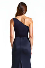 One Shoulder Sheath Navy Wedding Guest Dress Long Formal Dress
