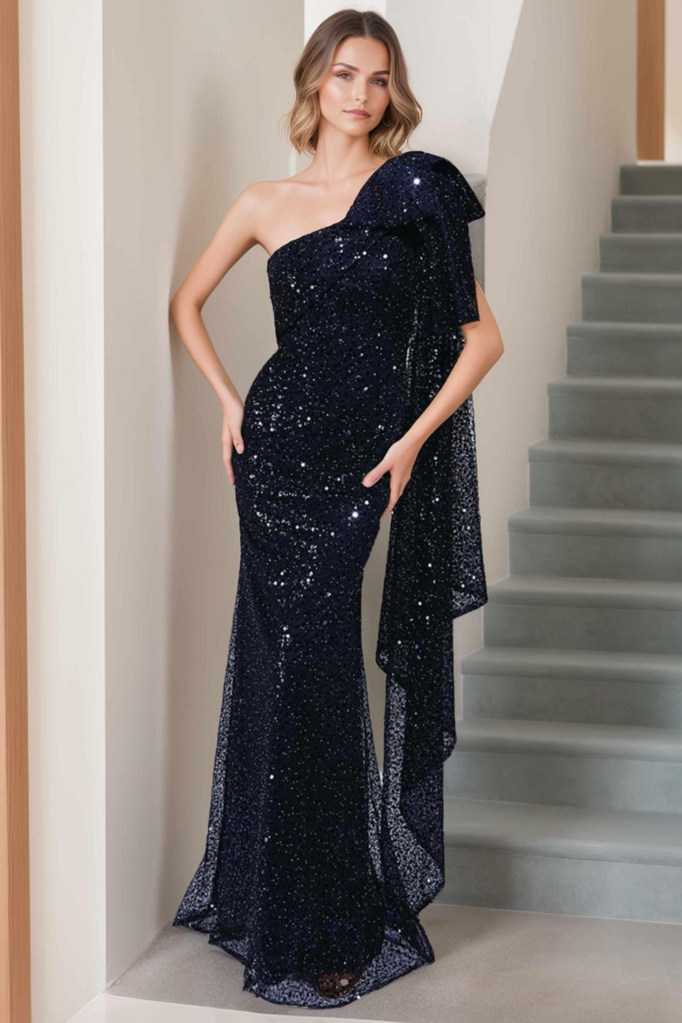 One-Shoulder Sleeveless Mermaid/Trumpet Floor-Length Mother of the Bride Dress with Bow and Side Ruffle