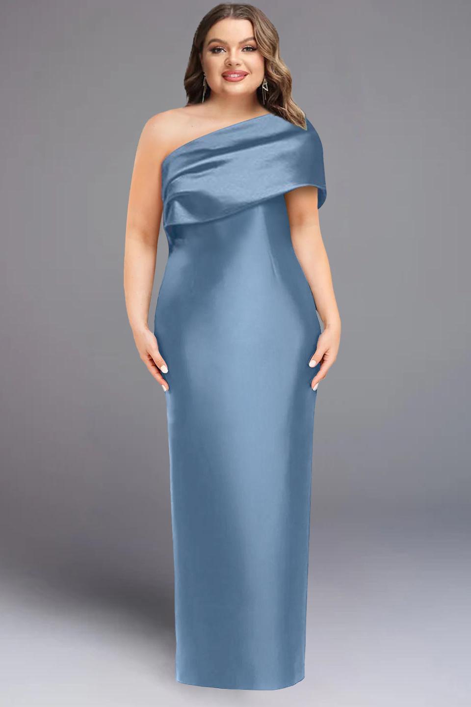 One-Shoulder Sleeveless Plus Size Floor-Length Sheath Dress with Bowknot for Mother of the Bride