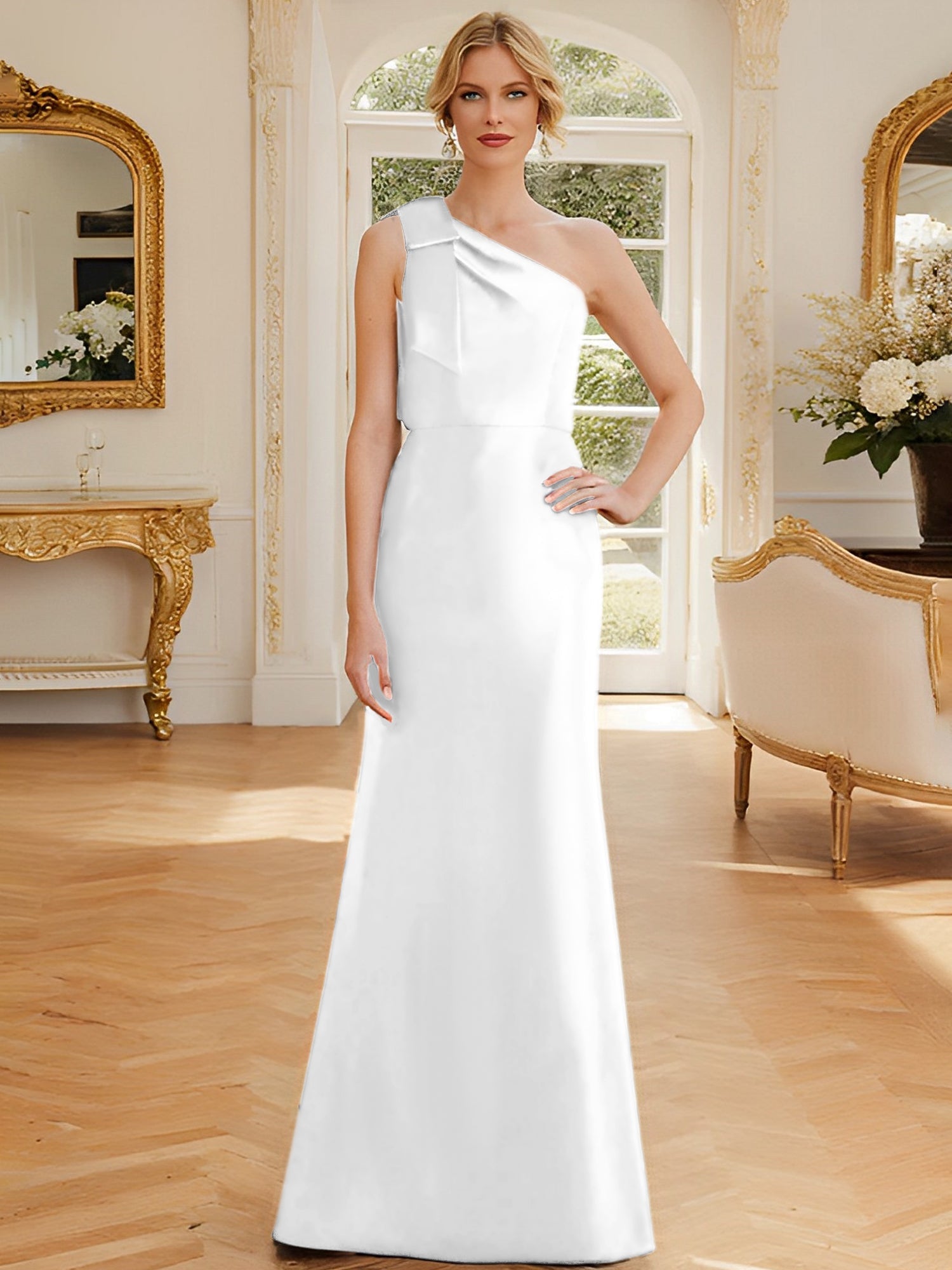 One-Shoulder Sleeveless Satin Mother of the Bride Dress with Bowknot Sheath/Column