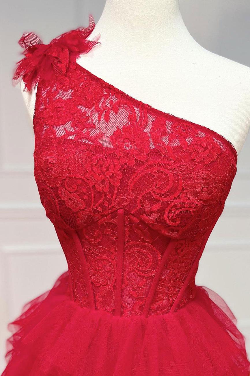 One Shoulder Tulle Lace Burgundy Prom Dress Long Formal Evening Dress