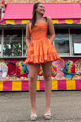 Orange A Line Homecoming Dresses Strapless Ruffled Short Cocktail Dresses With Pockets