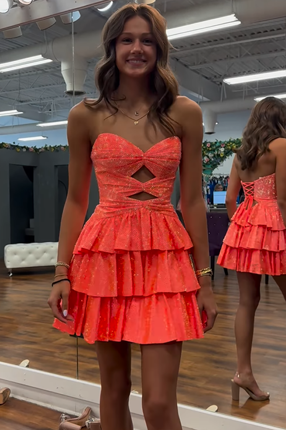 Orange A Line Homecoming Dresses Tiered Short Cocktail Dresses With Beading