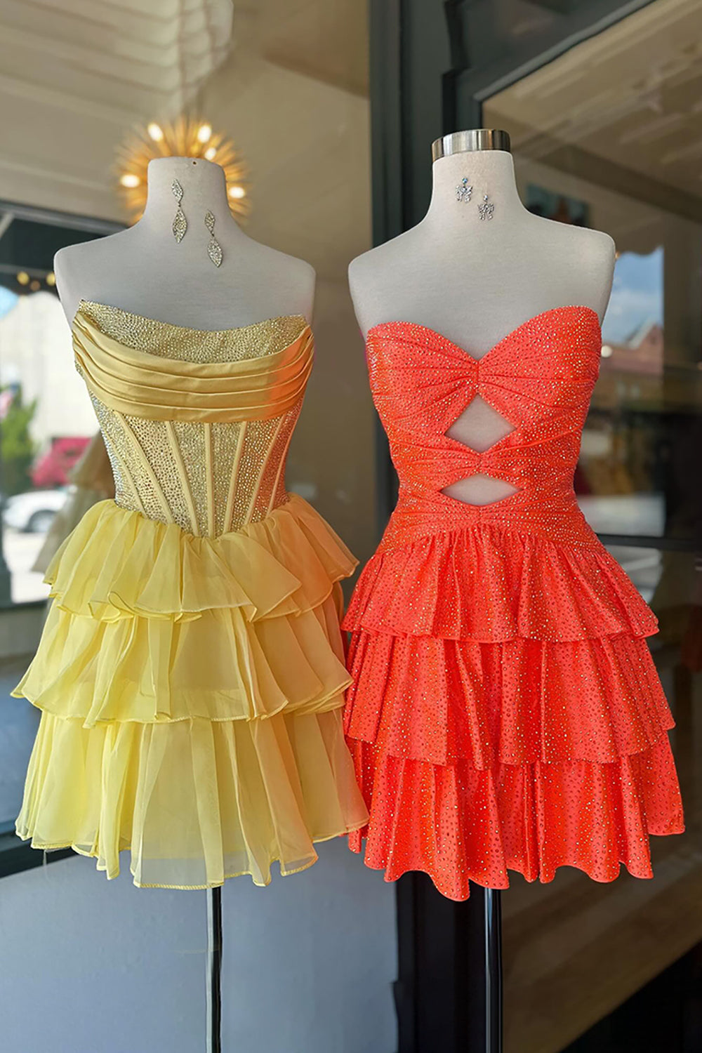 Orange A Line Homecoming Dresses Tiered Short Cocktail Dresses With Beading