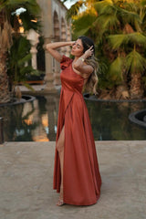 Orange A Line Prom Dress Cap Sleeve One Shoulder Satin Formal Dress